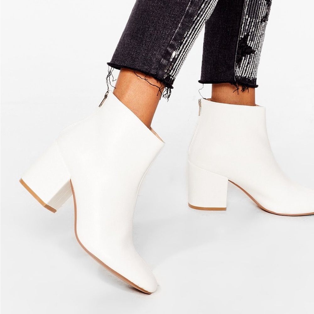 Nasty Gal White Block Heel Faux Leather Ankle Boots
